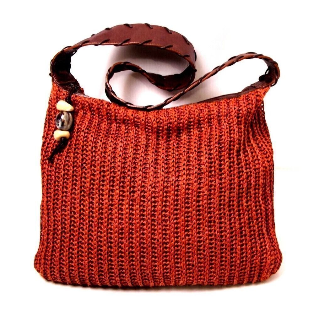 PRESTON YORK ITALY WOVEN KNITTED CORD BROWN GENUINE LEATHER SHOULDER BAG HANDBAG